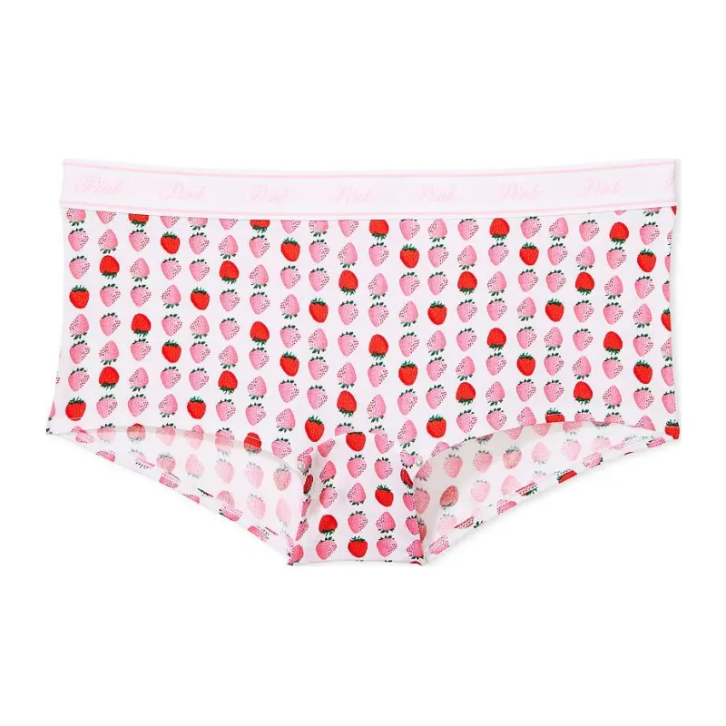 Victoria's Secret PINK LOGO COTTON BOYSHORT PANTY / OWFP Underpants Women's 1 Pack Light White Strawberry Print-0