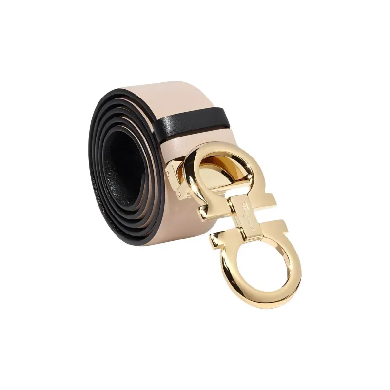 FERRAGAMO Emblem Smooth Buckle Design Leather Belts Unisex Khaki Width 3.4CM-0