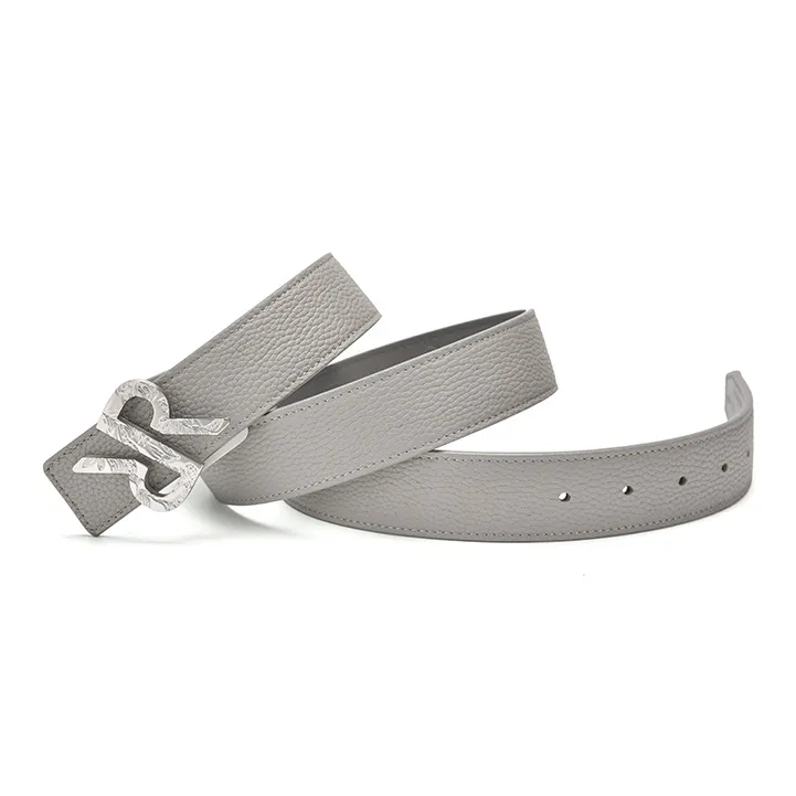 RARE Litchi Grain RARE Stamp Embossed Style Leather Belts Men's Light Gray Width 3.4cm-1