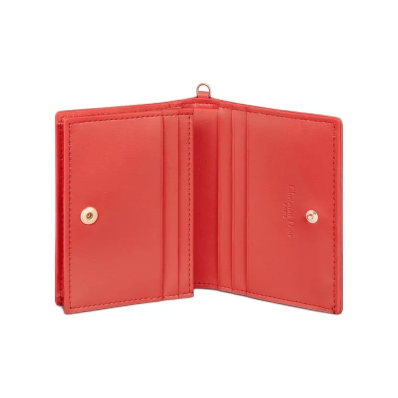 DIOR Lady Dior Wicker Pattern Sheepskin Wallet Mini Women's Coral-4