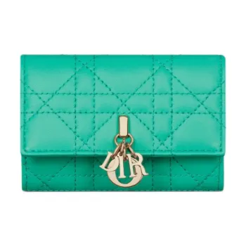 DIOR Wicker Pattern Sheepskin Wallet Women's Tiffany Blue Color