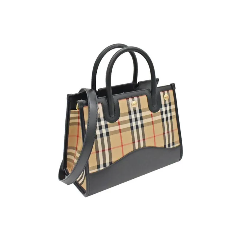 Burberry Canvas With Leather Tote Bag Shopping Bag One Shoulder Crossbody Canvas Bag Handbag Women's Beige & Black-1