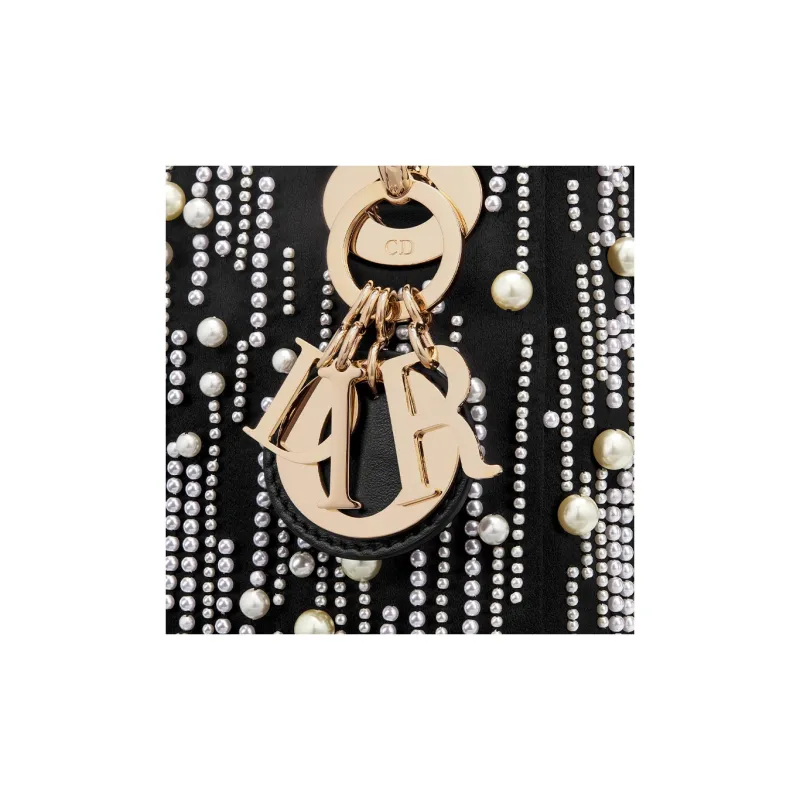DIOR Lady Dior Resin Beaded Embroidered Satin Tote Bag Shopping Bag Handbag Mini Women's Black-5