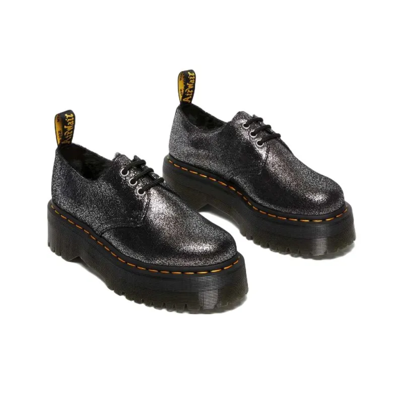 Dr.Martens 1461 Faux Fur Lined Metallic Leather Platform Shoes 'Black'-2