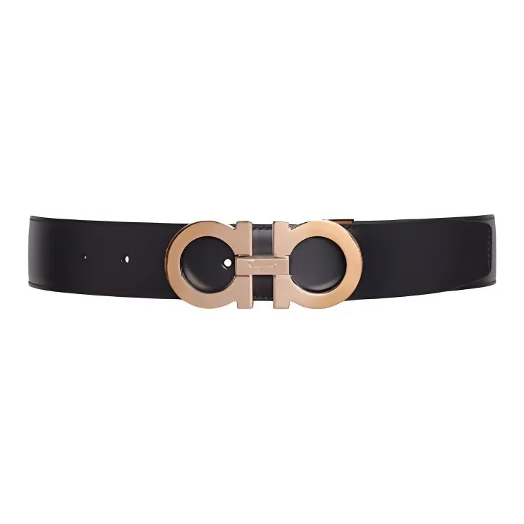 FERRAGAMO Solid Color Logo Smooth Buckle Design Leather Belts Unisex Black Width 3.4CM-0