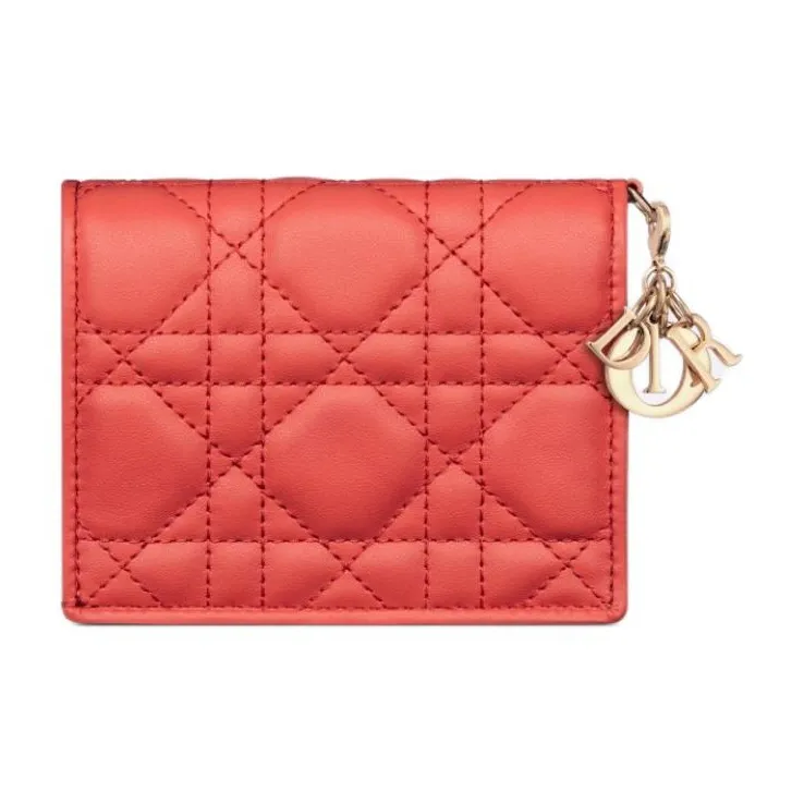 DIOR Lady Dior Wicker Pattern Sheepskin Wallet Mini Women's Coral-2