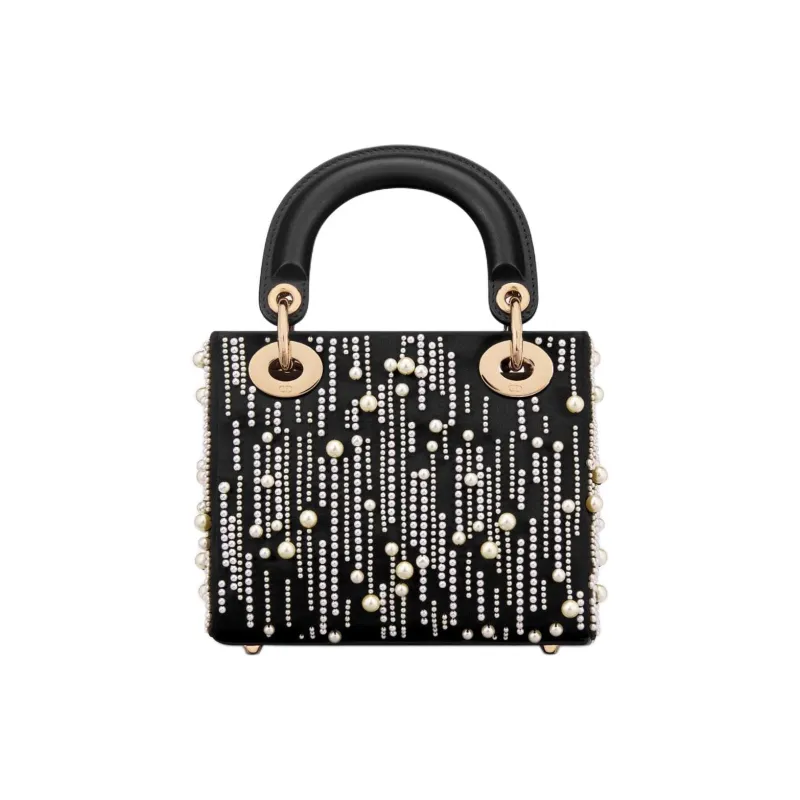 DIOR Lady Dior Resin Beaded Embroidered Satin Tote Bag Shopping Bag Handbag Mini Women's Black-3