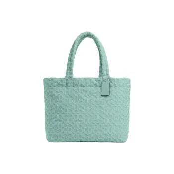 COACH Terry Cloth With Smooth Leather Tote Bag, Shopping Bag, Handbag Tubas Women's Silver & Faded Blue