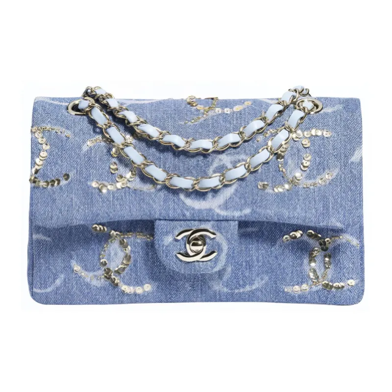 CHANEL Classic Flap CF Denim Flap Bag, Envelope Bag, Crossbody Bag, Shoulder Bag Women's Light Blue-0