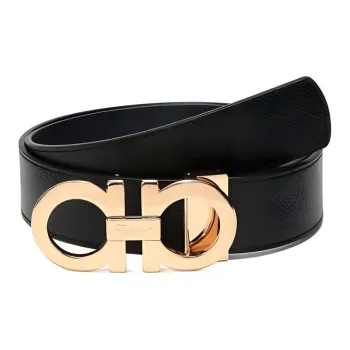 FERRAGAMO Emblem Smooth Buckle Design Leather Belts Unisex Black Width 3.4cm