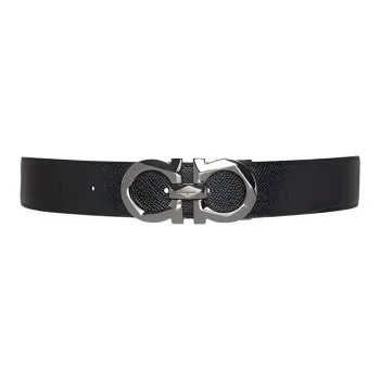 FERRAGAMO Solid Color Smooth Buckle Design Leather Belts Unisex Black Width 3.4CM