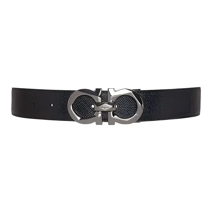 FERRAGAMO Solid Color Smooth Buckle Design Leather Belts Unisex Black Width 3.4CM-0