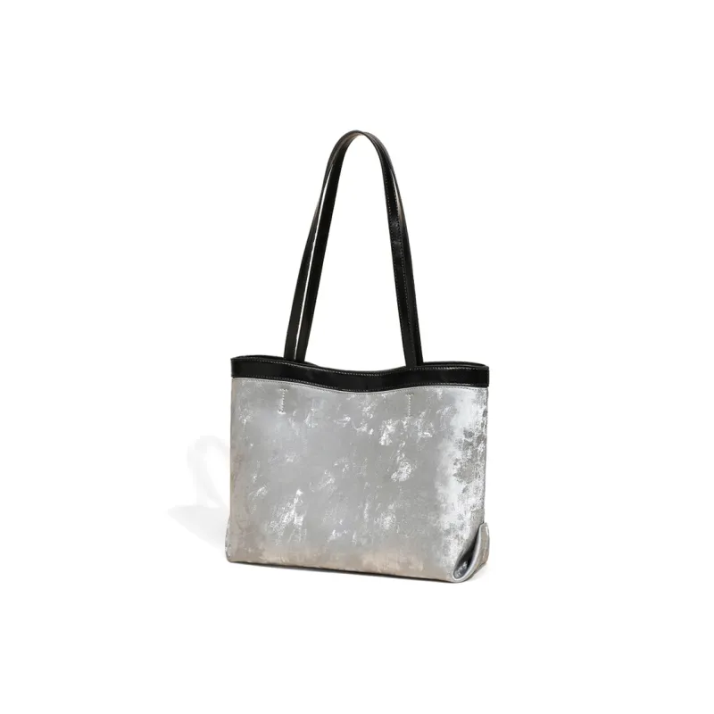 COMELY Cow Split Leather Bonded Synthetic Leather Tote Bag Shopping Bag Shoulder Bag Regular Women's Silver/Black-2
