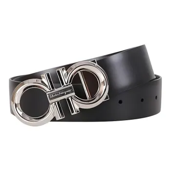 FERRAGAMO Solid Color Emblem Smooth Buckle Decoration Leather Belts Unisex Black Width 3.4CM