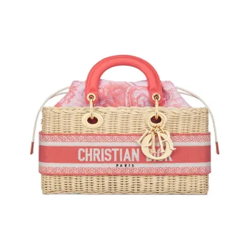 DIOR DIORIVIERALady D-JOY Jacquard Fabric Wicker Shoulder Bag Crossbody Bag Handbag Medium Size Women's Coral