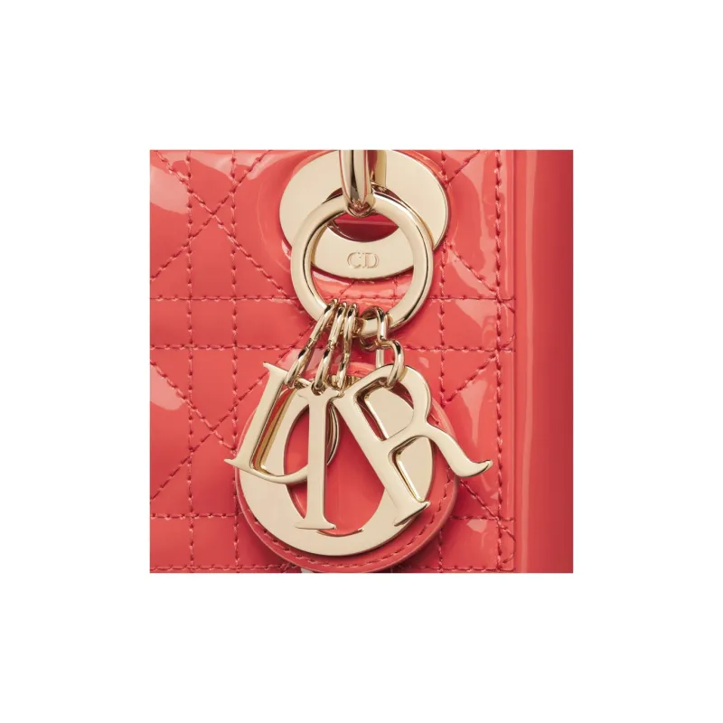 DIOR Lady Dior Patent Leather With Calfskin Shoulder Bag Crossbody Bag Handbag Mini Women's Coral-4