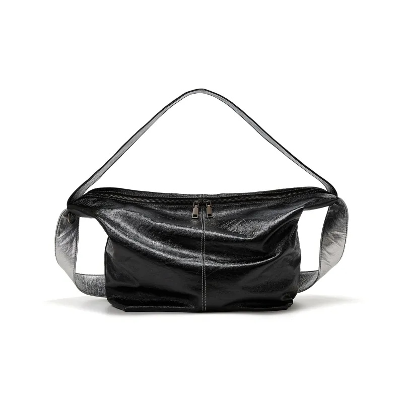 Yawei Kuroda PU Crossbody Bag Shoulder Bag Large Size Unisex Black Silver-4