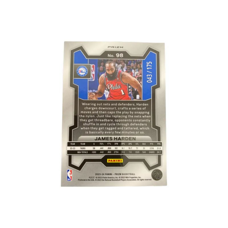 PANINI James Harden 2023 24 Prizm White Fold 043/175, Basketball Card, Card Product Access Sports Cards 1 Pc-1