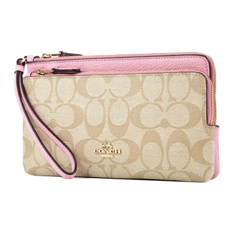 COACH Double Zip Wallet Canvas With Leather Card Holder, Wallet Trumpets Women's Khaki Monogram & Pink-1