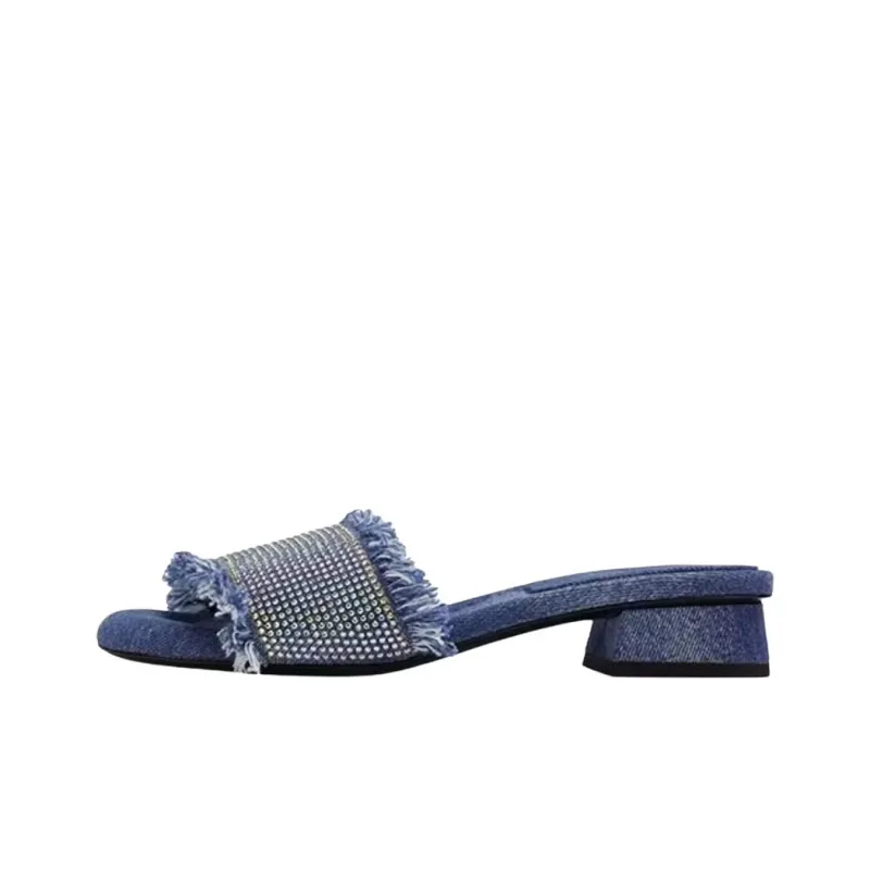 ASH Denim Rhinestone Open Toe Low Heel Slide Slippers Women's Light Blue-0