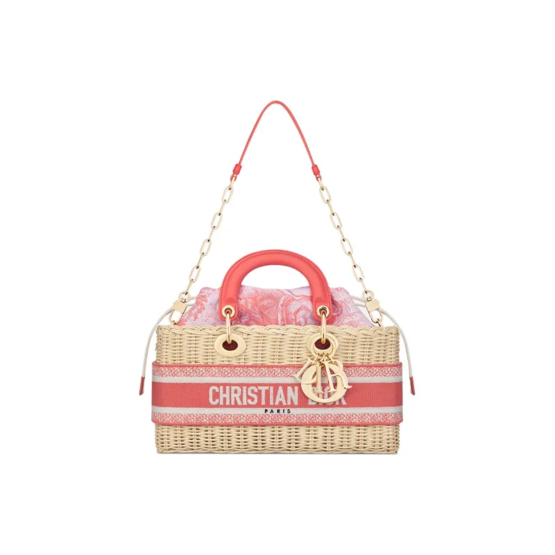 DIOR DIORIVIERALady D-JOY Jacquard Fabric Wicker Shoulder Bag Crossbody Bag Handbag Medium Size Women's Coral-2
