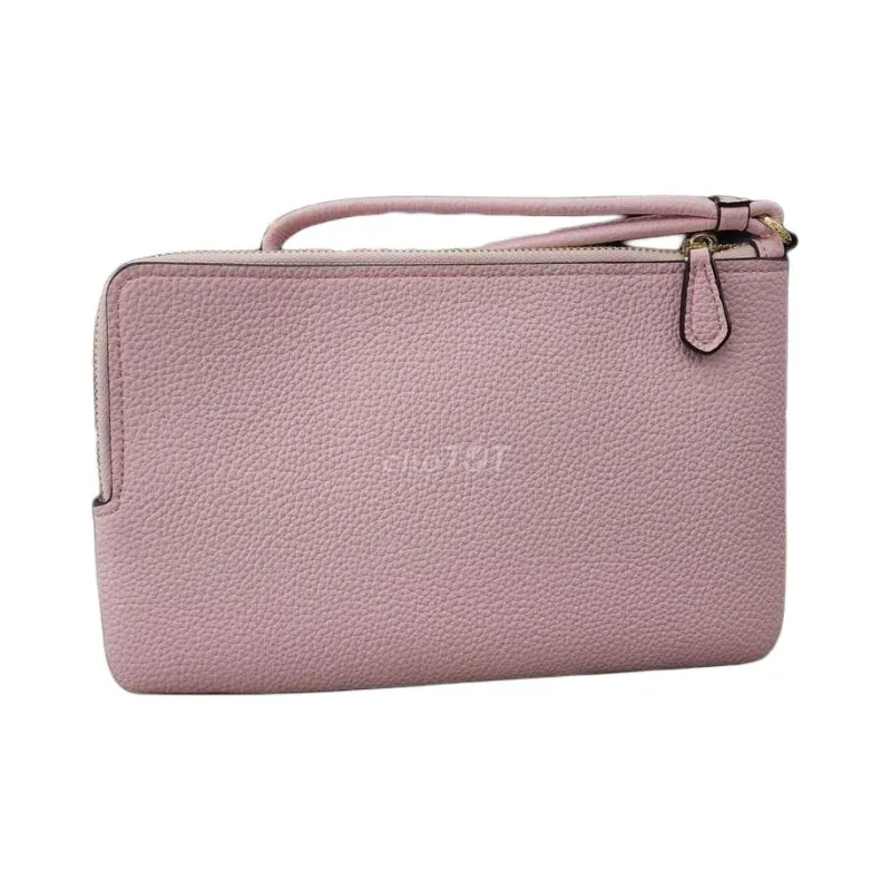 COACH Double Zip Wallet Canvas With Leather Card Holder, Wallet Trumpets Women's Khaki Monogram & Pink-3
