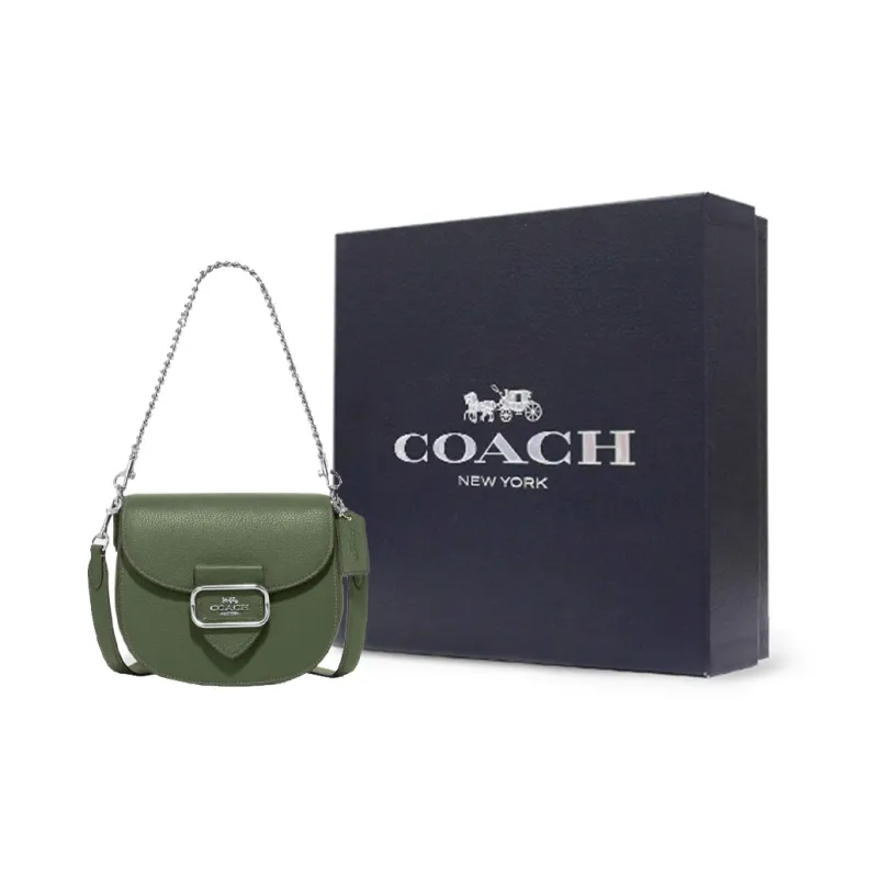 COACH Saddle Pebbled Leather Saddle Bags One Shoulder Handbags Medium Size Women's Green-8