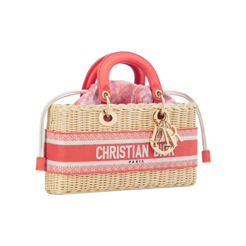 DIOR DIORIVIERALady D-JOY Jacquard Fabric Wicker Shoulder Bag Crossbody Bag Handbag Medium Size Women's Coral-1