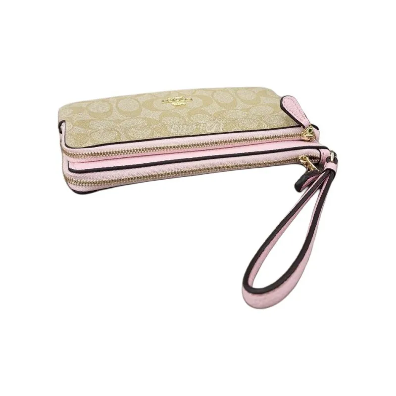 COACH Double Zip Wallet Canvas With Leather Card Holder, Wallet Trumpets Women's Khaki Monogram & Pink-4