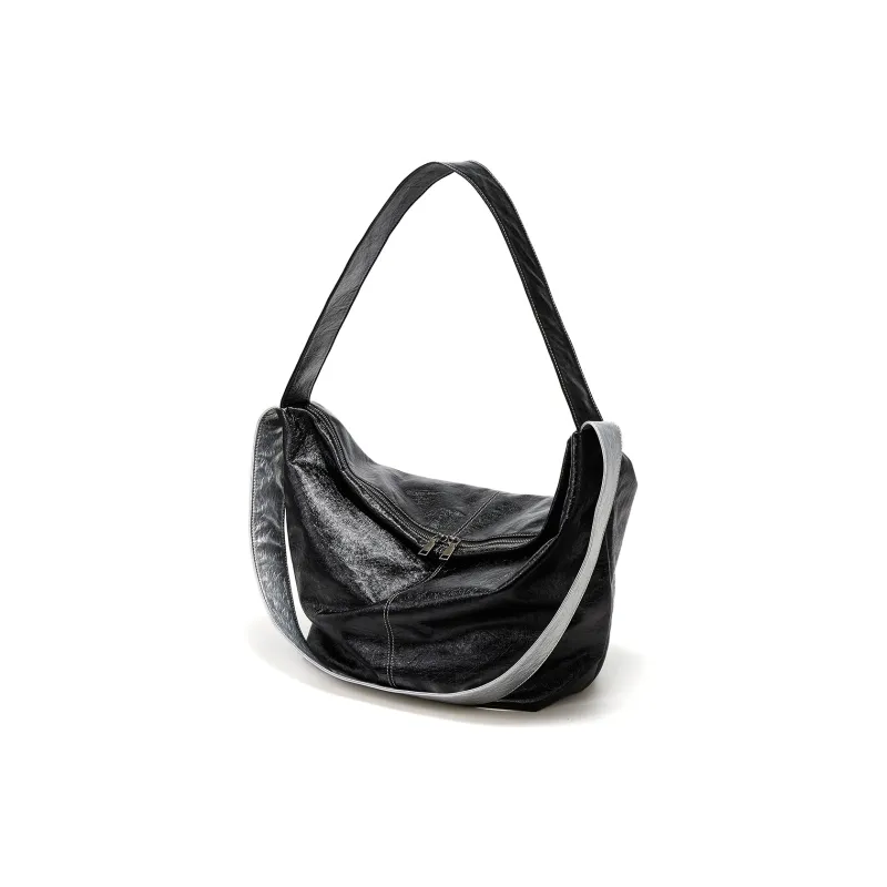Yawei Kuroda PU Crossbody Bag Shoulder Bag Large Size Unisex Black Silver-1
