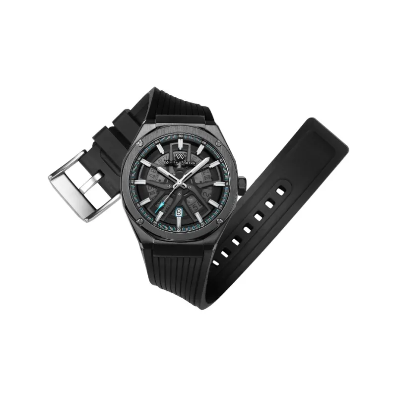 Welly Merck Automatic Mechanical Movement Men's Watches Wrist Watches Black Dial Rubber Strap-8