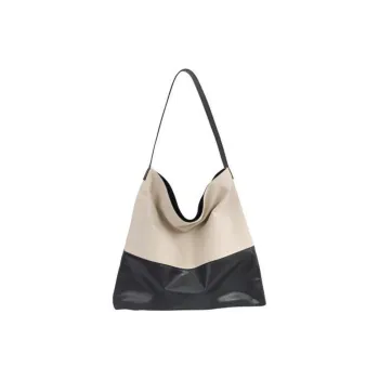 YOCAMU Top Grain Cow Leather Patchwork Canvas Shoulder Bag Unisex Black White