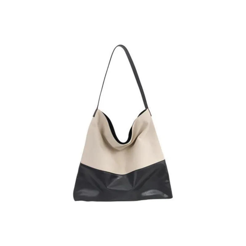 YOCAMU Top Grain Cow Leather Patchwork Canvas Shoulder Bag Unisex Black White-0