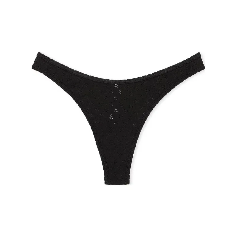 Victoria's Secret PINK COTTON HIGH-LEG THONG PANTY / Pure Black Pointelle Underpants Women's 1 Pack Black-0