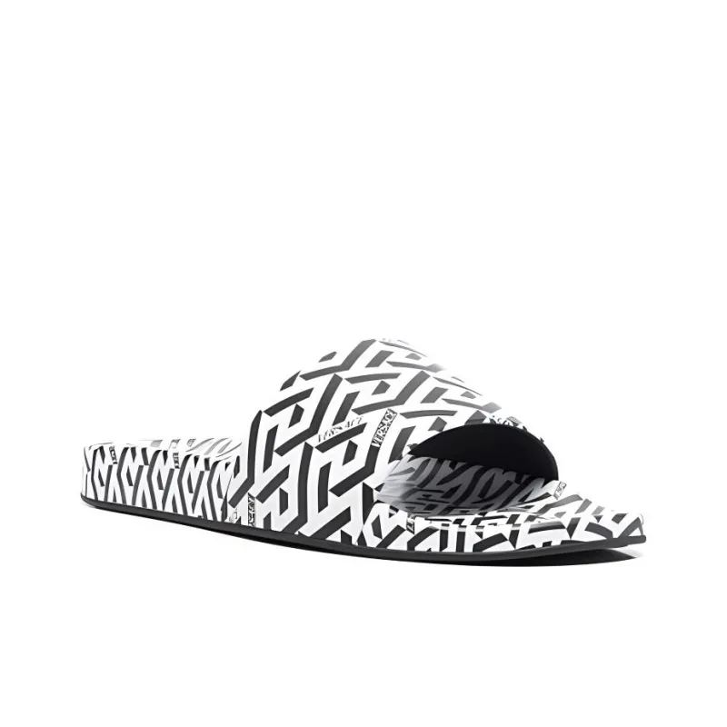 VERSACE La Greca Print Slide Black White-2