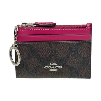 COACH Mini Id Skinny Coated Canvas With Smooth Leather Document Wallet Card Holder Mini Women's Brown & Bright Purple