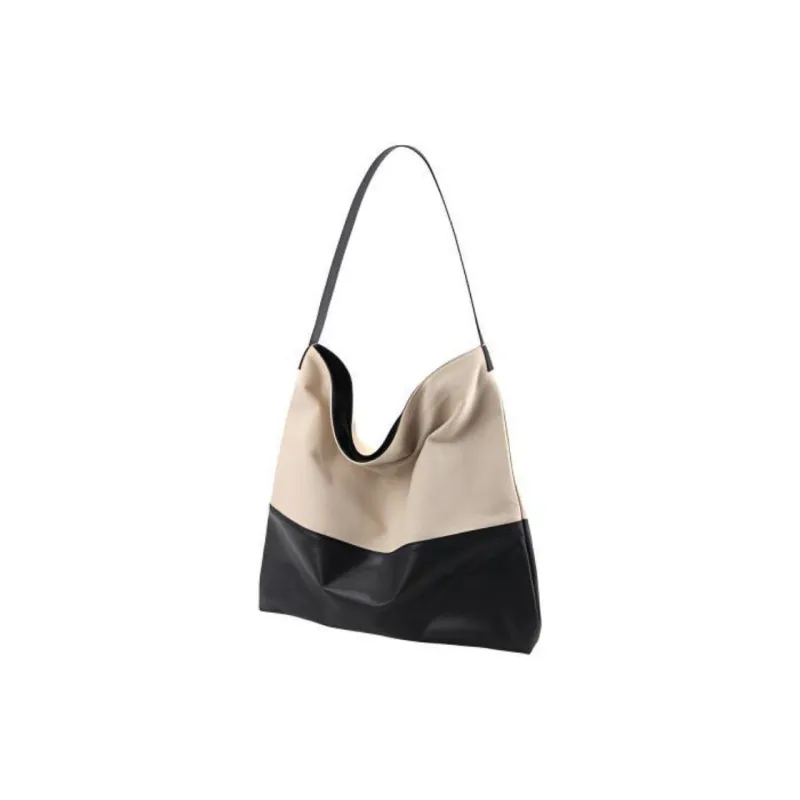 YOCAMU Top Grain Cow Leather Patchwork Canvas Shoulder Bag Unisex Black White-1