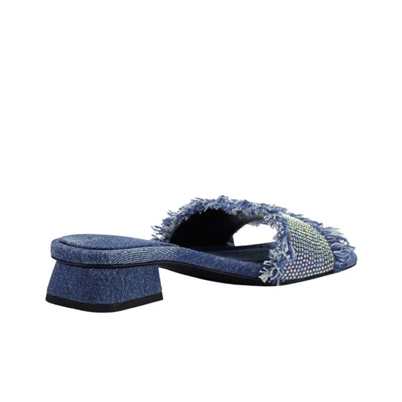ASH Denim Rhinestone Open Toe Low Heel Slide Slippers Women's Light Blue-4