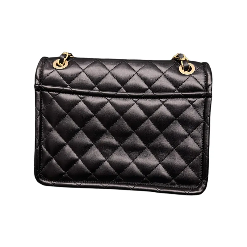 CHANEL Shiny Lambskin & Metal Shoulder Bag, Crossbody Bag Medium Size Women's Black-1