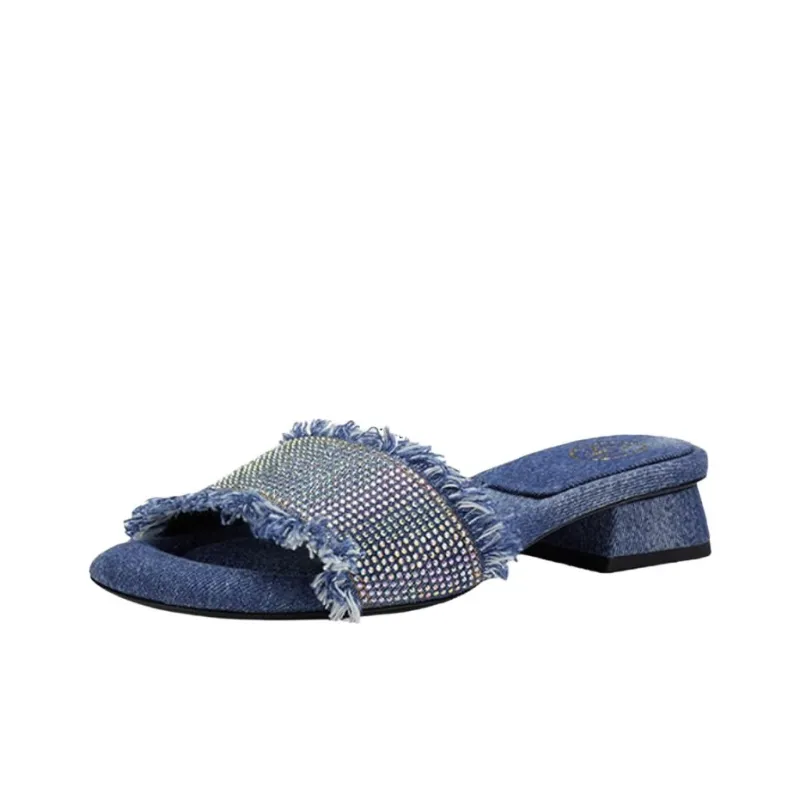 ASH Denim Rhinestone Open Toe Low Heel Slide Slippers Women's Light Blue-1
