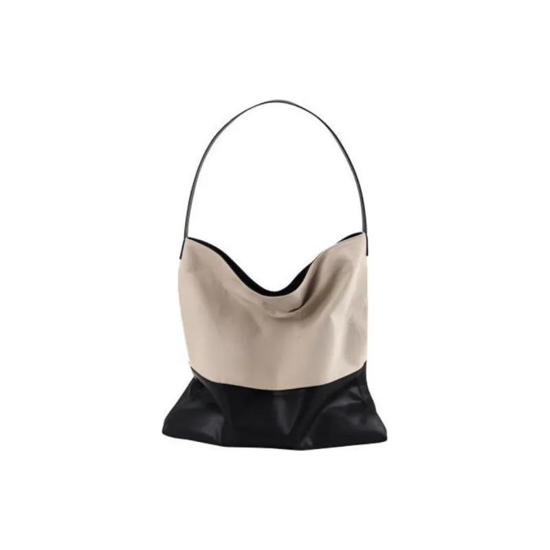 YOCAMU Top Grain Cow Leather Patchwork Canvas Shoulder Bag Unisex Black White-4