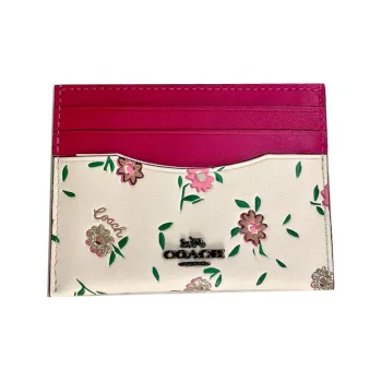 COACH Card Case Leather Coin Purses Card Holders Women's White & Rose Red