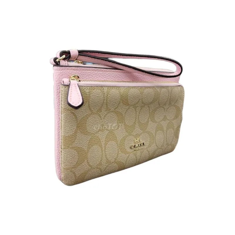 COACH Double Zip Wallet Canvas With Leather Card Holder, Wallet Trumpets Women's Khaki Monogram & Pink-2