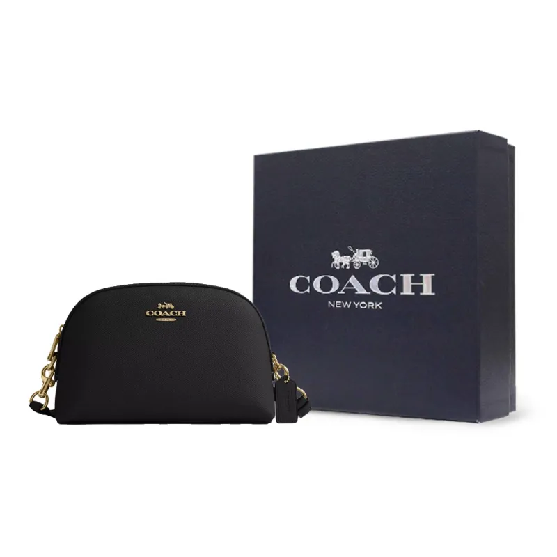 COACH Cross Grain Leather Shoulder Bag, Crossbody Bag Medium Size Women's Gold & Black-8
