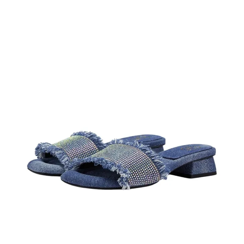 ASH Denim Rhinestone Open Toe Low Heel Slide Slippers Women's Light Blue-2