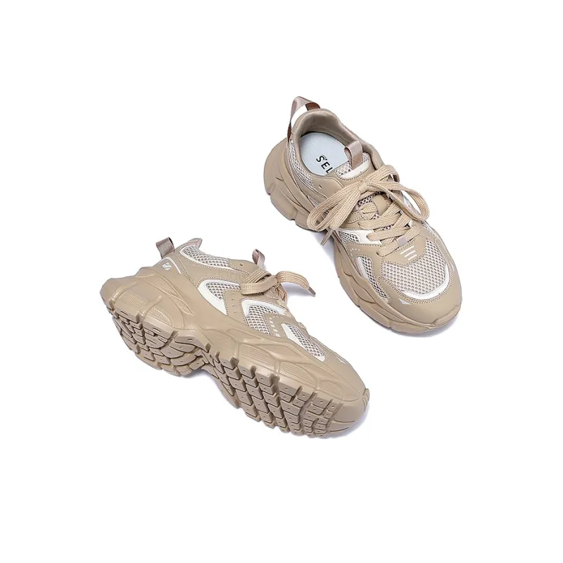 SELAIYA Slip Resistant, Breathable, Height Increasing Low Top Chunky Sneakers Women's Khaki-3