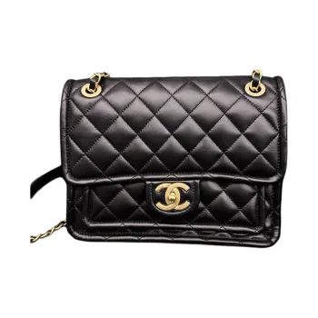 CHANEL Shiny Lambskin & Metal Shoulder Bag, Crossbody Bag Medium Size Women's Black