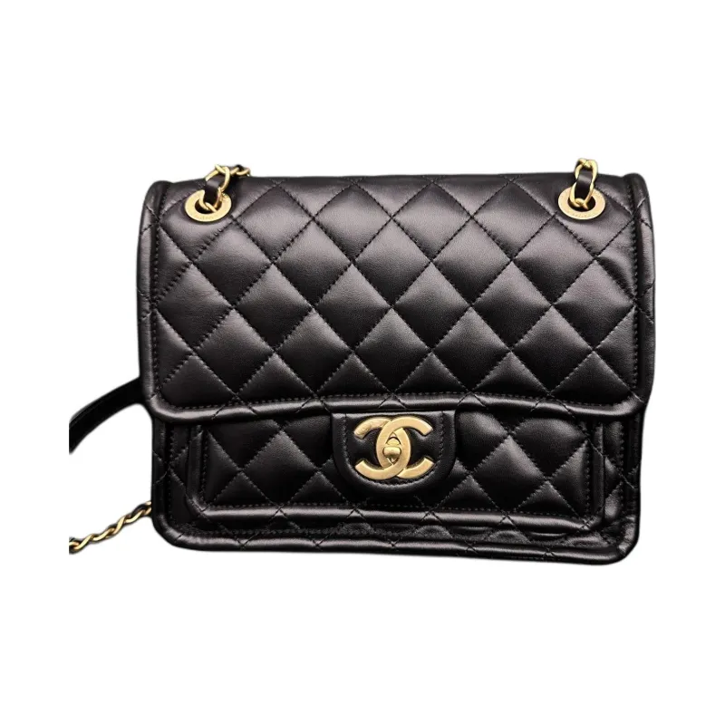 CHANEL Shiny Lambskin & Metal Shoulder Bag, Crossbody Bag Medium Size Women's Black-0