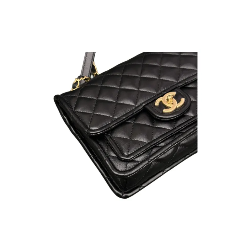 CHANEL Shiny Lambskin & Metal Shoulder Bag, Crossbody Bag Medium Size Women's Black-3