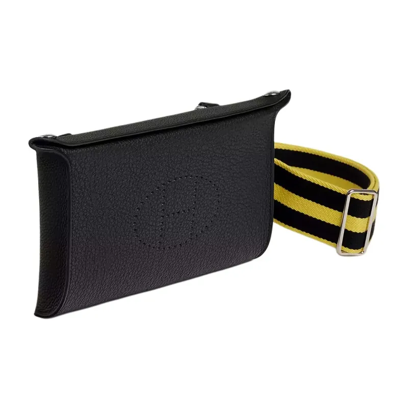 HERMES Togo Calfskin Plate Bag Fanny Pack Shoulder Bag Crossbody Bag Men's Black With New Lime-1